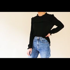 Mock neck black ruffles blouse